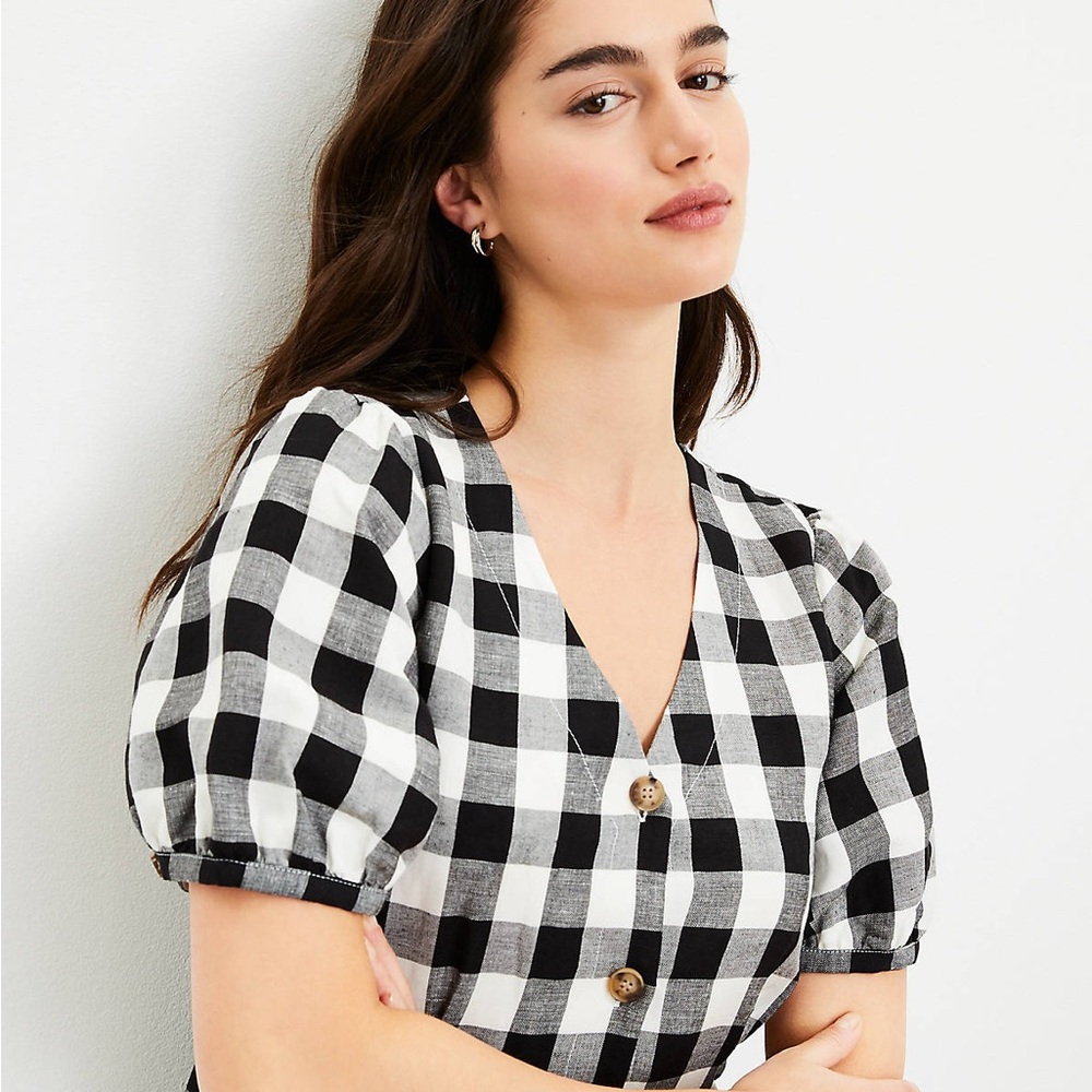 LOFT black and white Gingham Button V-Neck Dress size 8 Petite - Picture 3 of 8